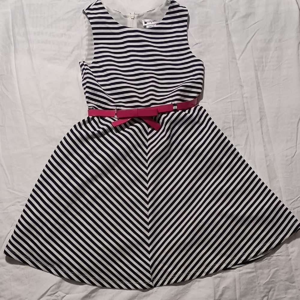 Emily West Black and White Striped Dress with Pink Accent